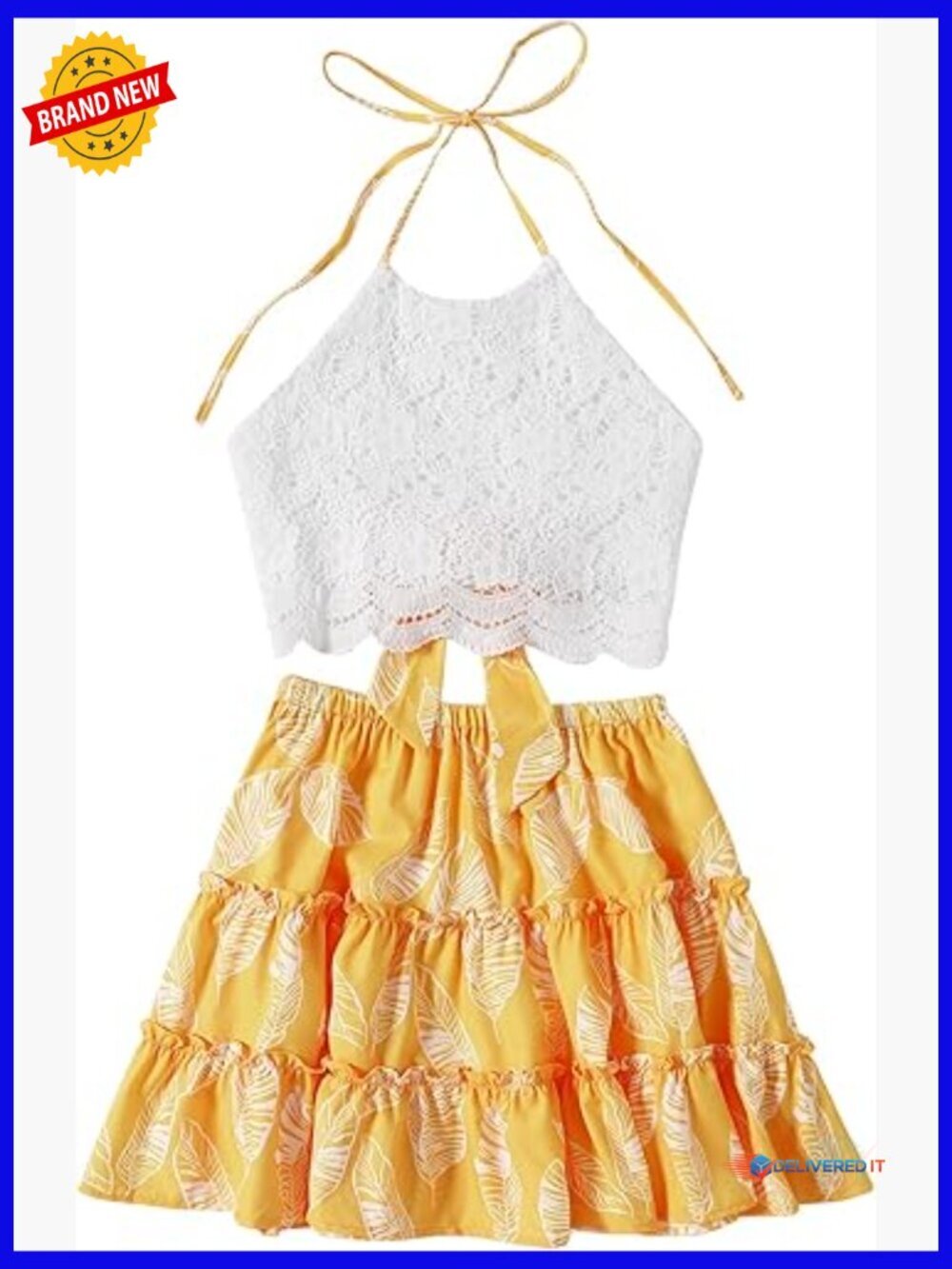 2 Piece Lace Halter Crop Top & Mini Skirt Set - Summer Outfit